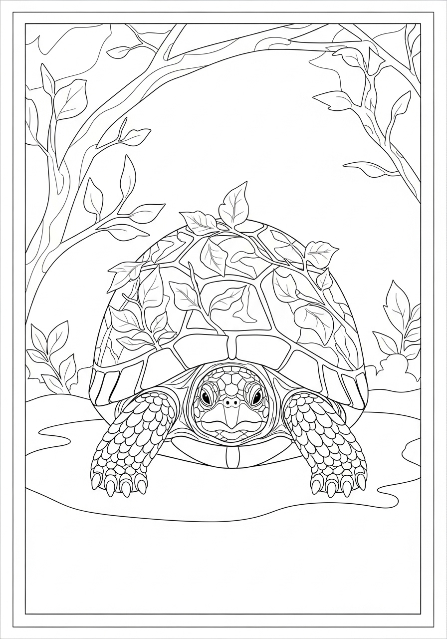 Desenho de Tartaruga com folhas para colorir e imprimir