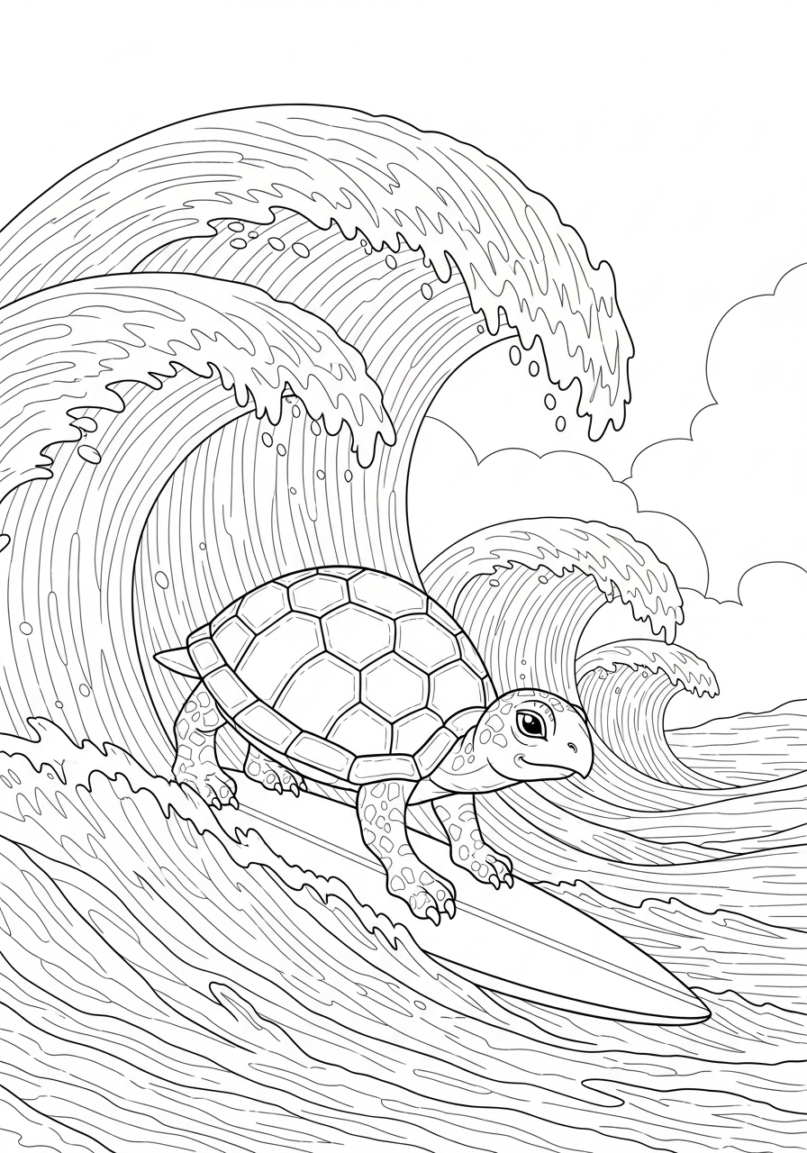 Desenho de Tartaruga surfando em ondas grandes para colorir