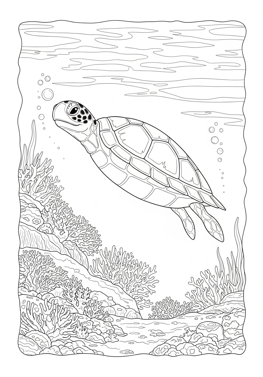 Desenho de Tartaruga nadando entre corais para colorir
