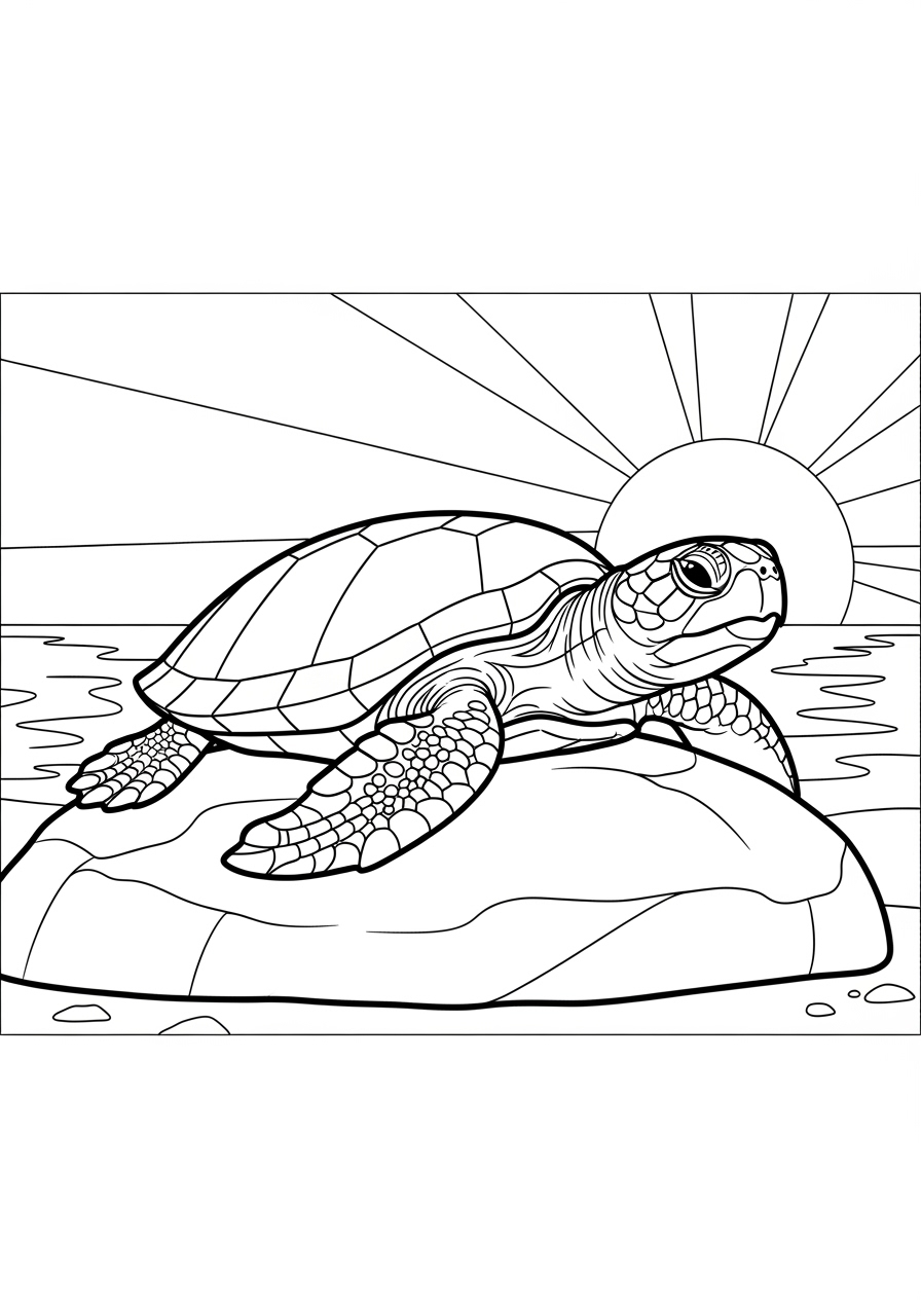 Desenho de Tartaruga em uma rocha com sol ao fundo