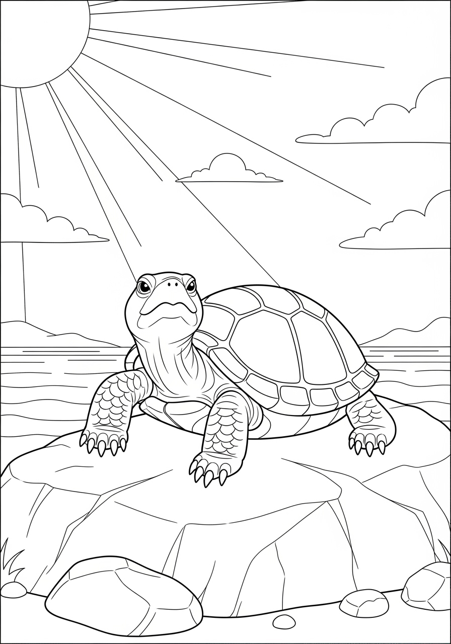 Desenho de Tartaruga em pedra sob o sol para colorir
