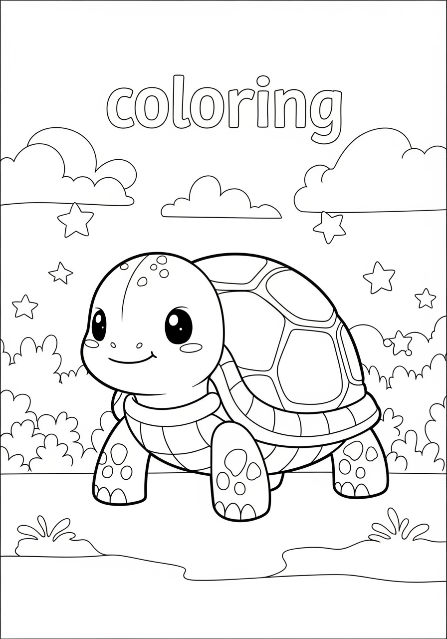 Desenho de Tartaruga em um cenário com nuvens e estrelas