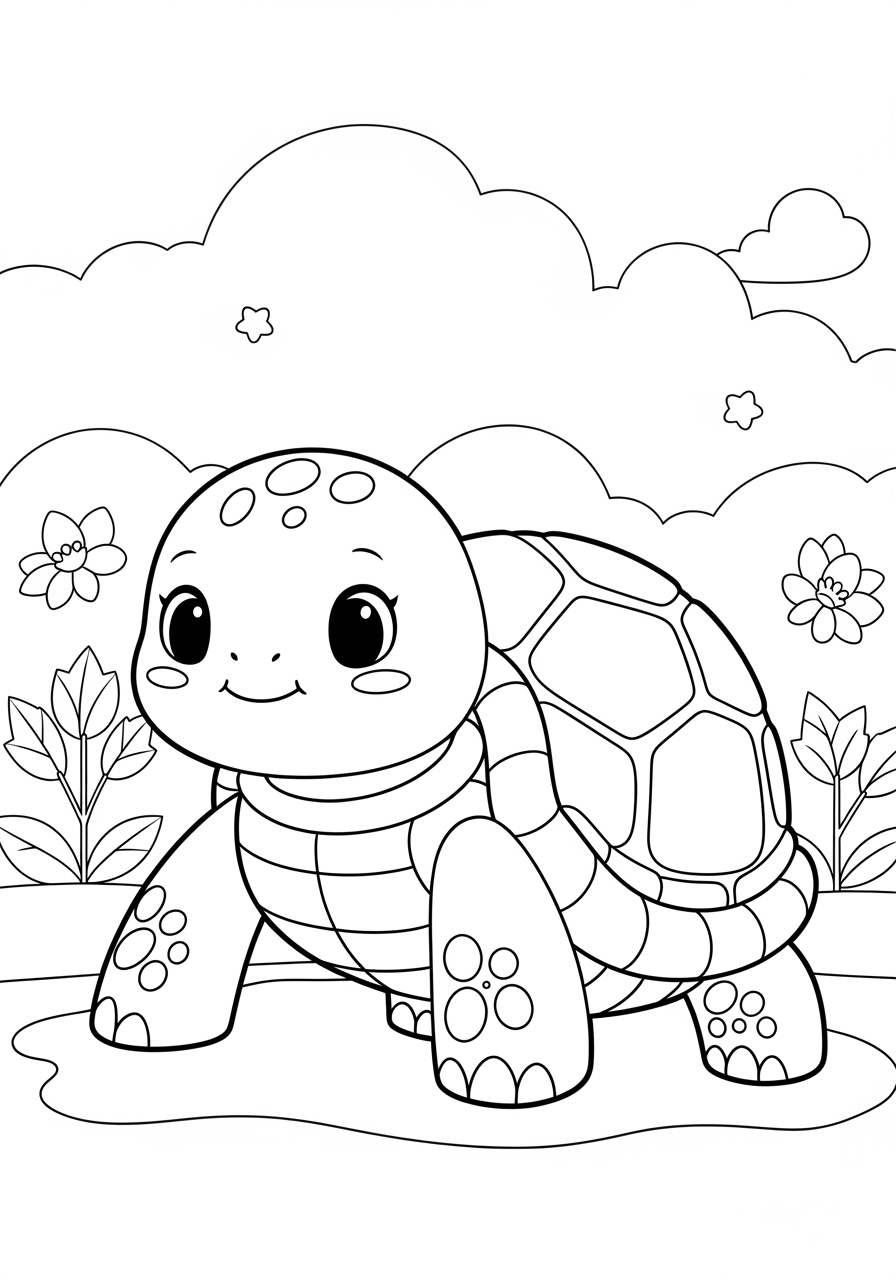 Desenho de Tartaruga sorridente em um cenário natural