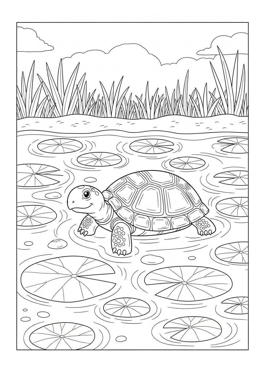 Desenho de Tartaruga em lago com folhas de vitórias régias