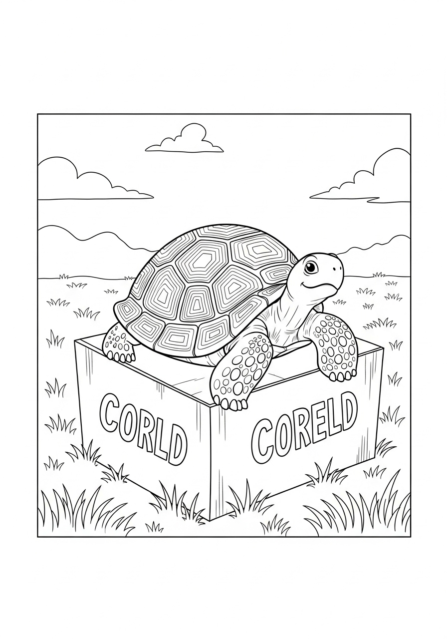 Desenho de Tartaruga em caixa com grama e céu ao fundo