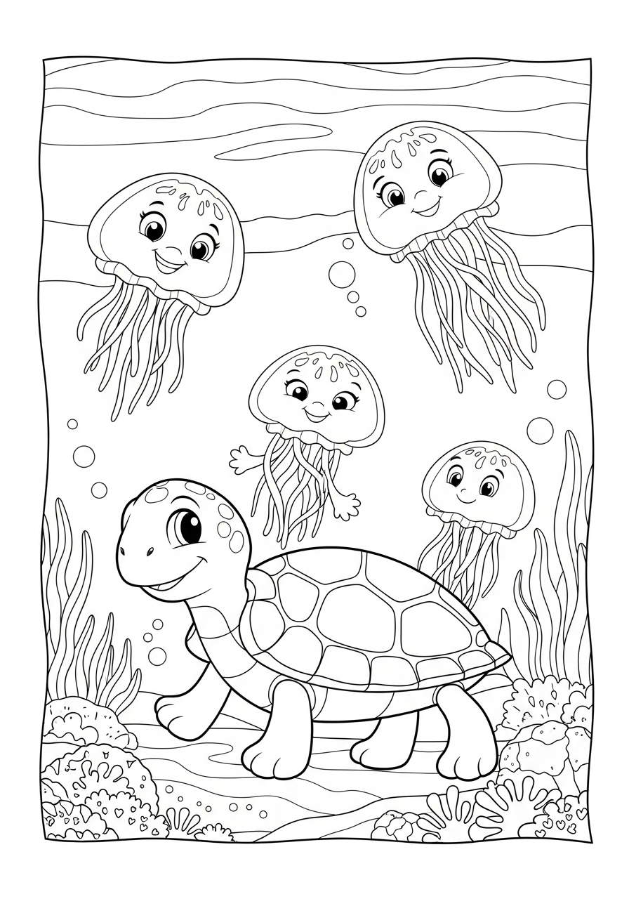 Desenho de Tartaruga com águas-vivas no fundo do mar