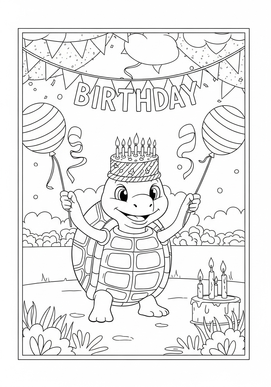 Desenho de Tartaruga comemorando aniversário com balões