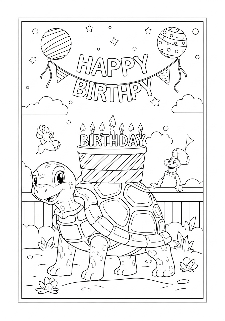 Desenho de Tartaruga com bolo de aniversário para colorir