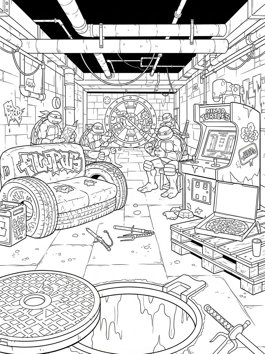 Desenho das Tartarugas Ninja em um armazém para colorir