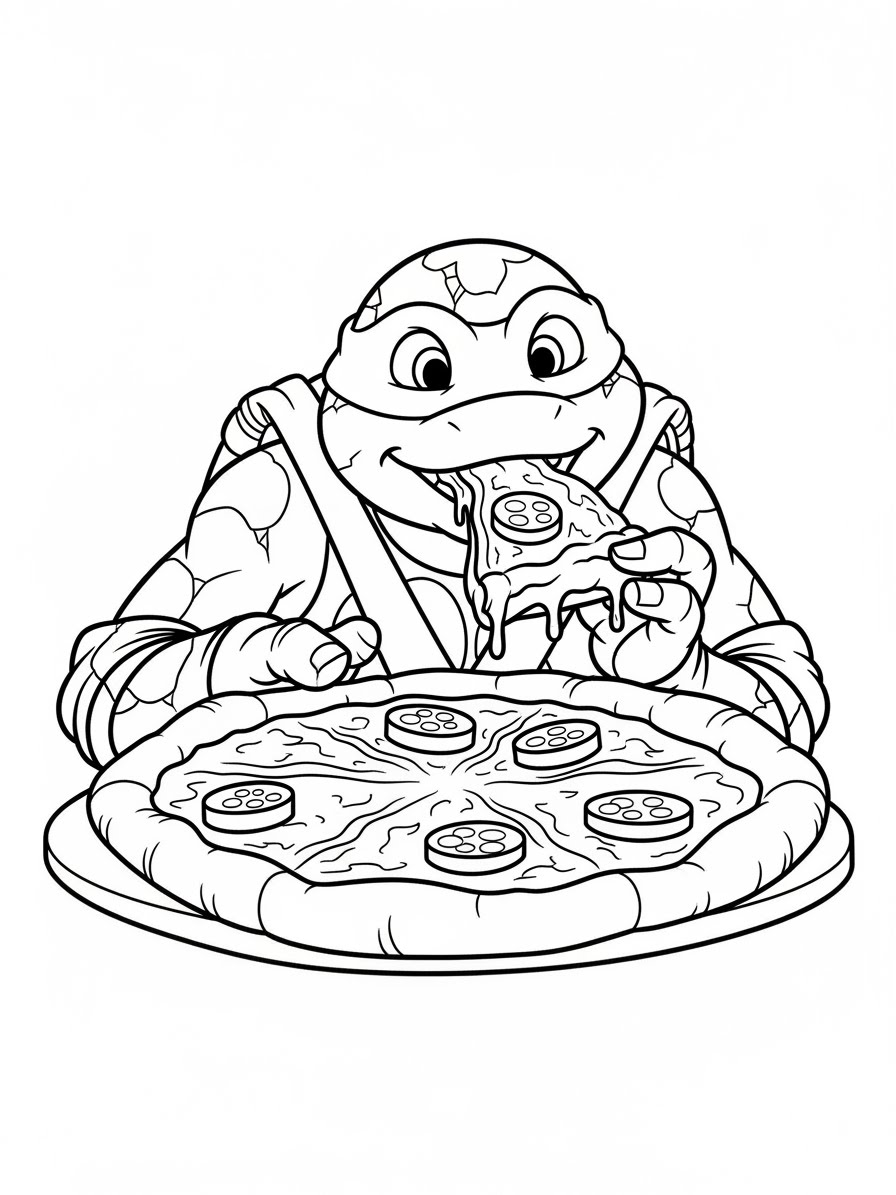 Desenho das Tartarugas Ninja Michelangelo comendo pizza para colorir