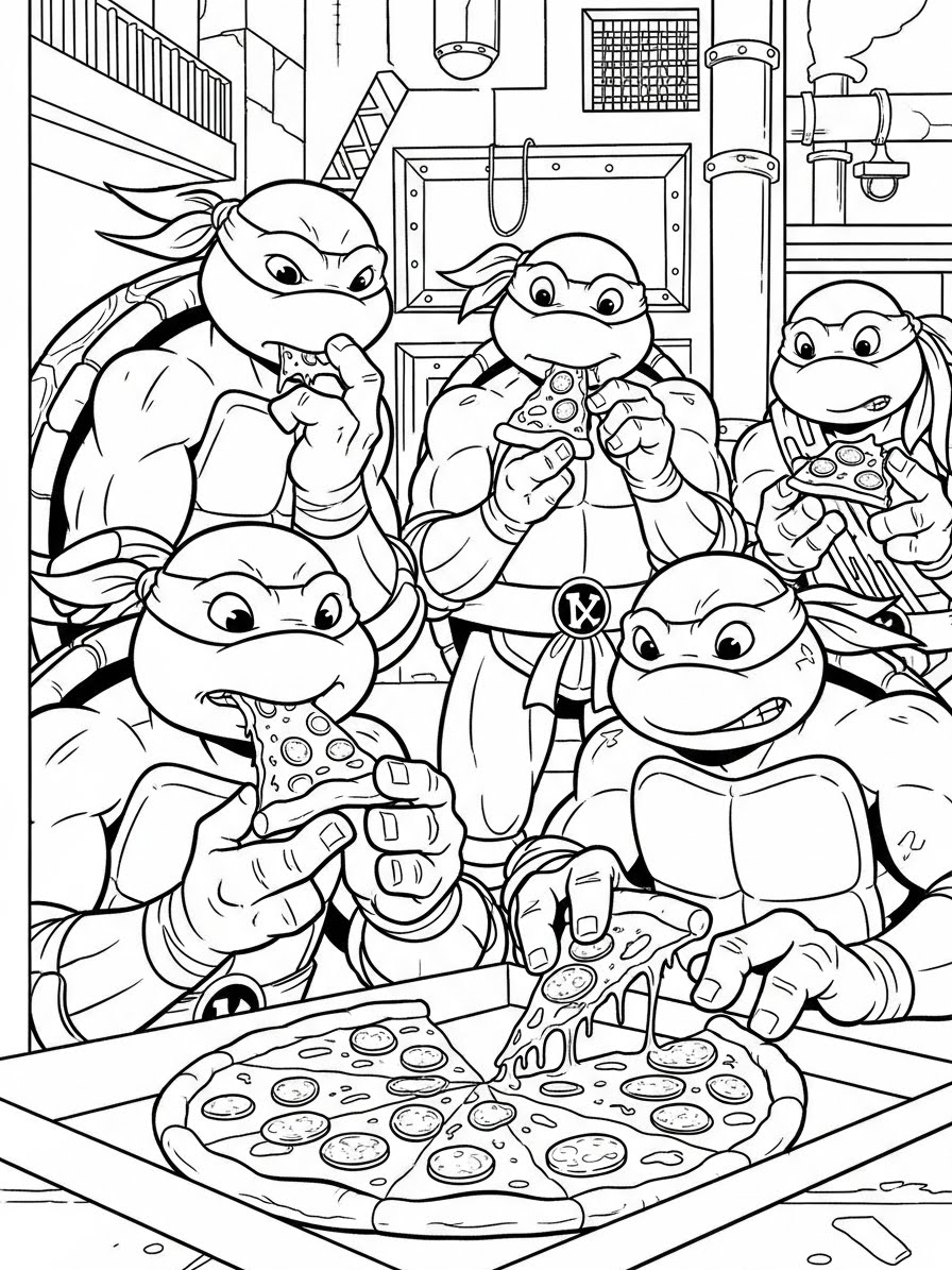 Desenho das Tartarugas Ninja comendo pizza para colorir