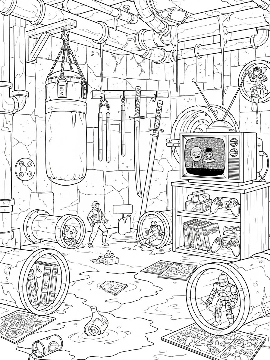 Desenho das Tartarugas Ninja na caverna para colorir