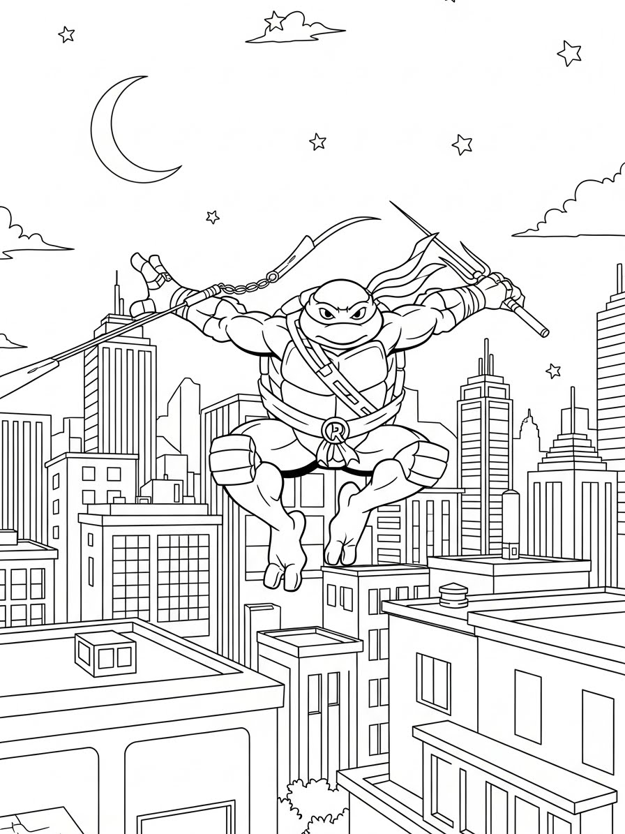 Desenho das Tartarugas Ninja saltando em cidade para colorir
