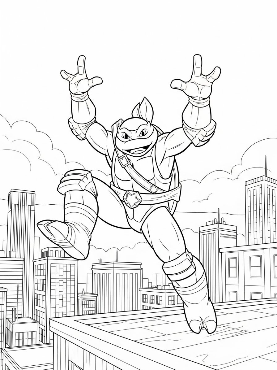 Desenho das Tartarugas Ninja Raphael pulando para colorir