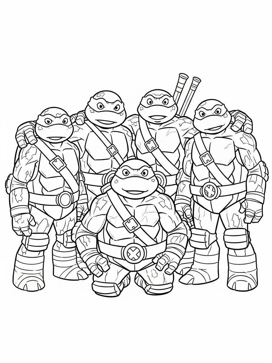 Desenho das Tartarugas Ninja em grupo para colorir