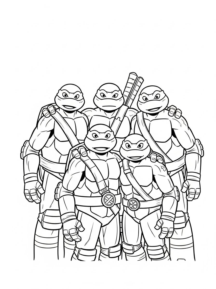 Desenho das Tartarugas Ninja sorrindo e prontos para colorir