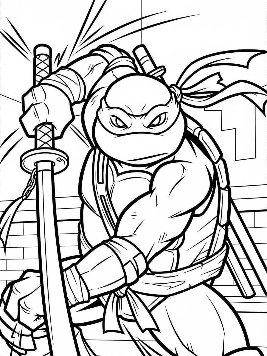 Desenho das Tartarugas Ninja Raphael segurando espada para colorir