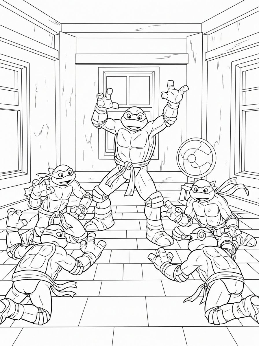 Desenho das Tartarugas Ninja em ação para colorir