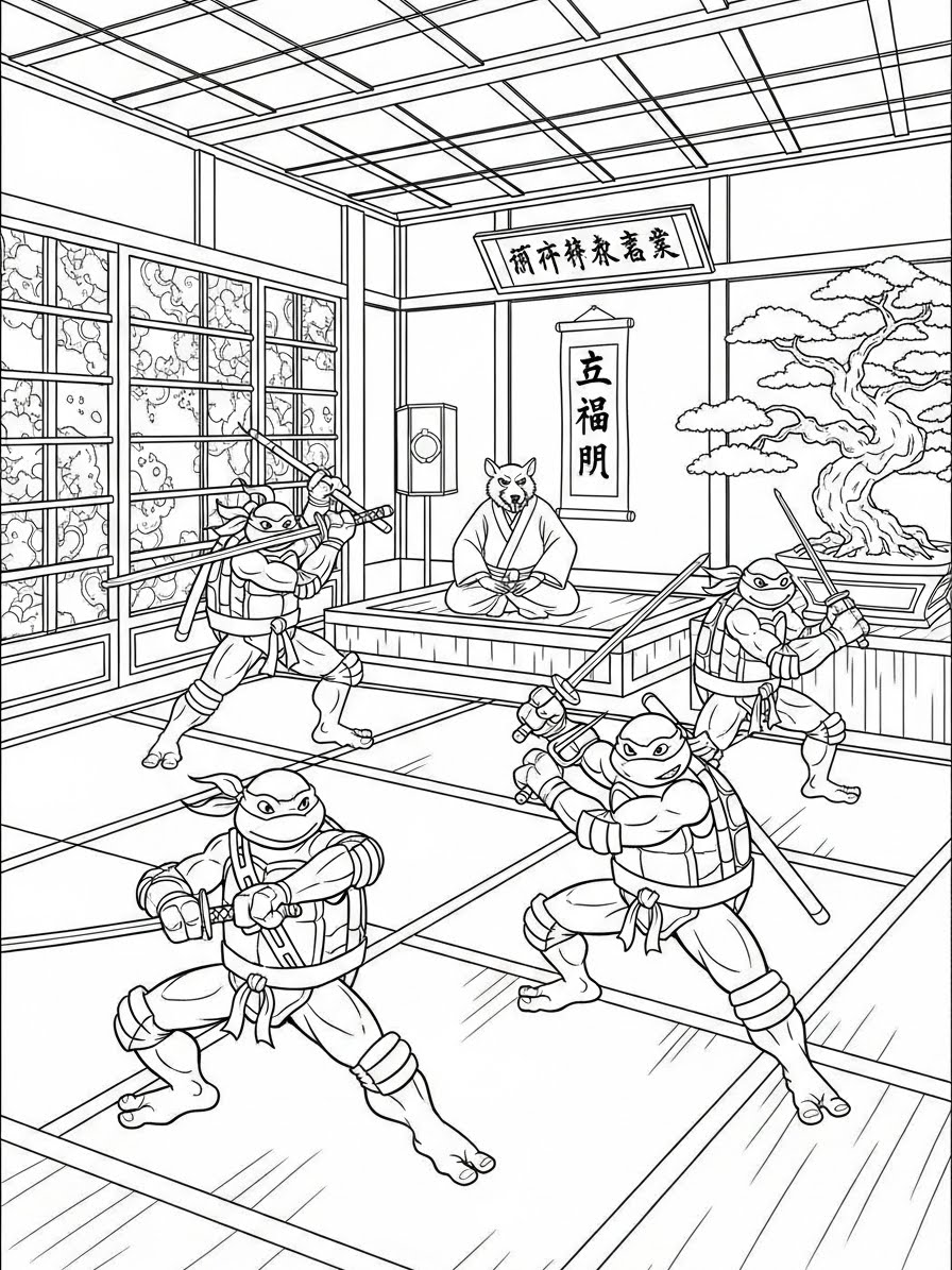 Desenho das Tartarugas Ninja se preparando para lutar para colorir