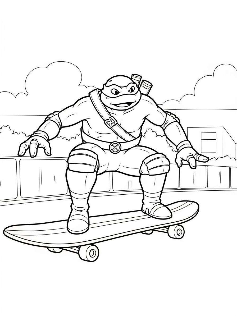 Desenho das Tartarugas Ninja Michelangelo andando de skate para colorir