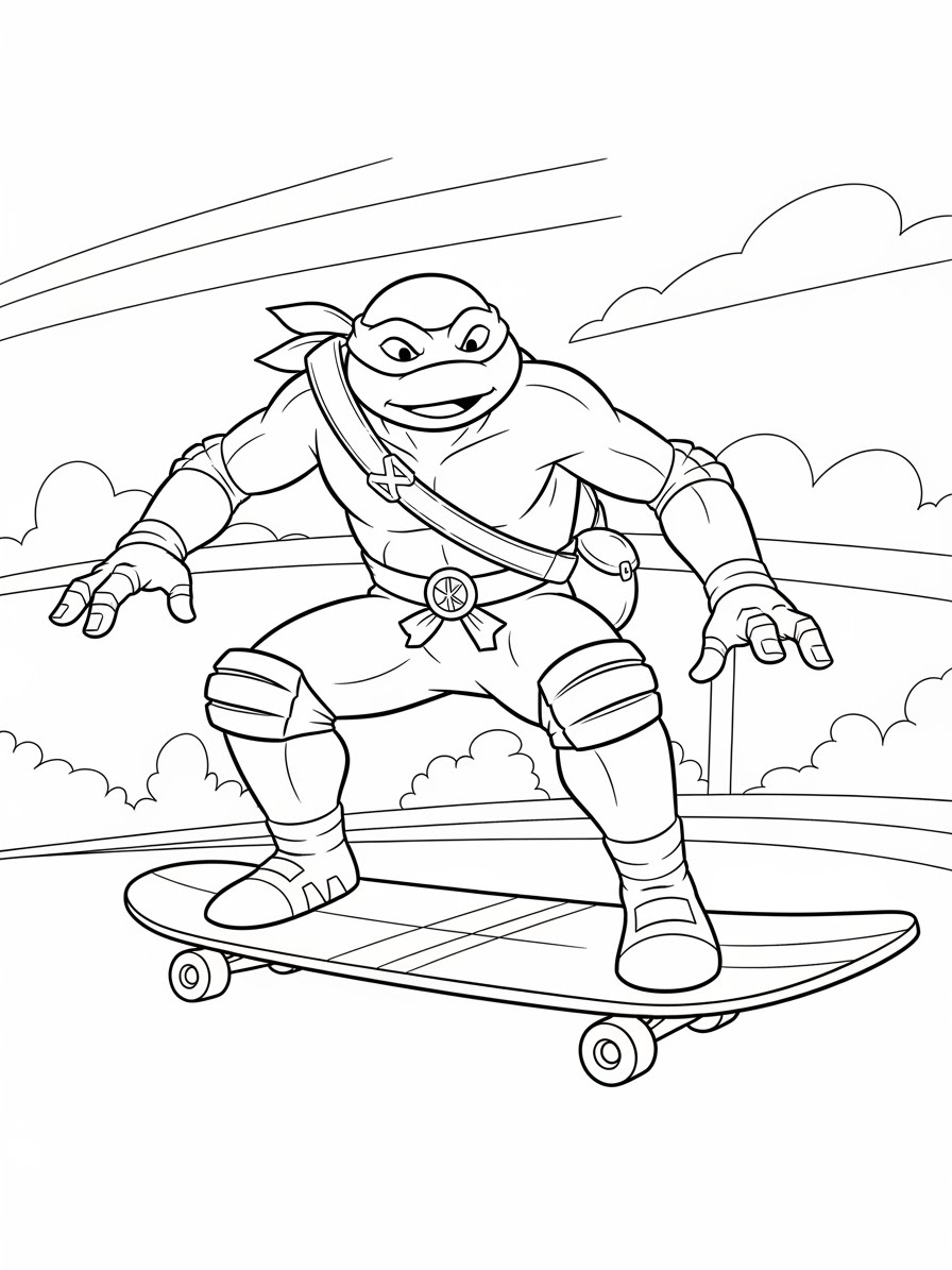 Desenho das Tartarugas Ninja Michelangelo andando de skate para colorir