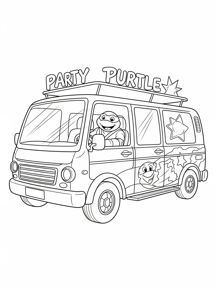 Desenho das Tartarugas Ninja em uma van para colorir