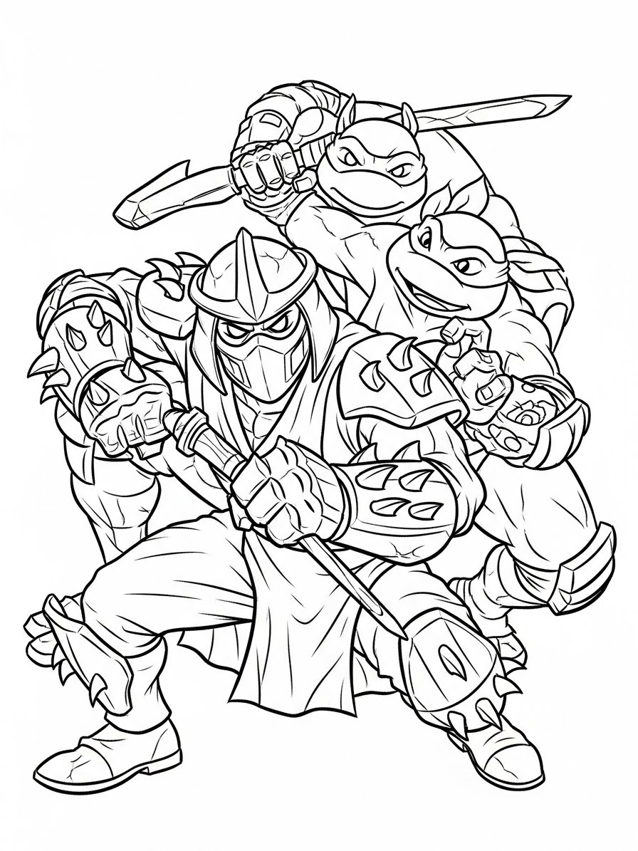 Desenho das Tartarugas Ninja enfrentando um inimigo para colorir