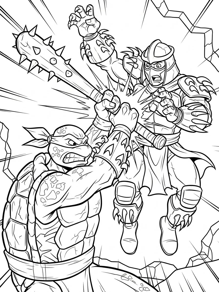 Desenho das Tartarugas Ninja lutando contra um inimigo para colorir