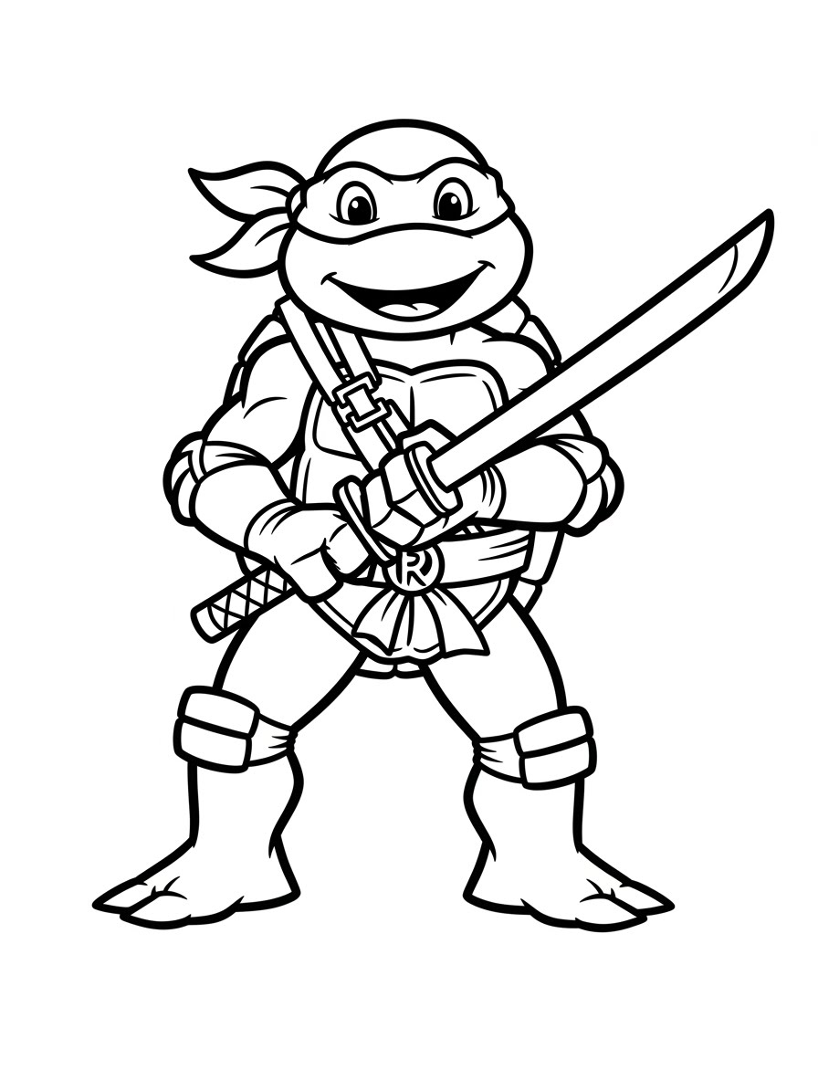 Desenho das Tartarugas Ninja Michelangelo segurando uma katana para colorir
