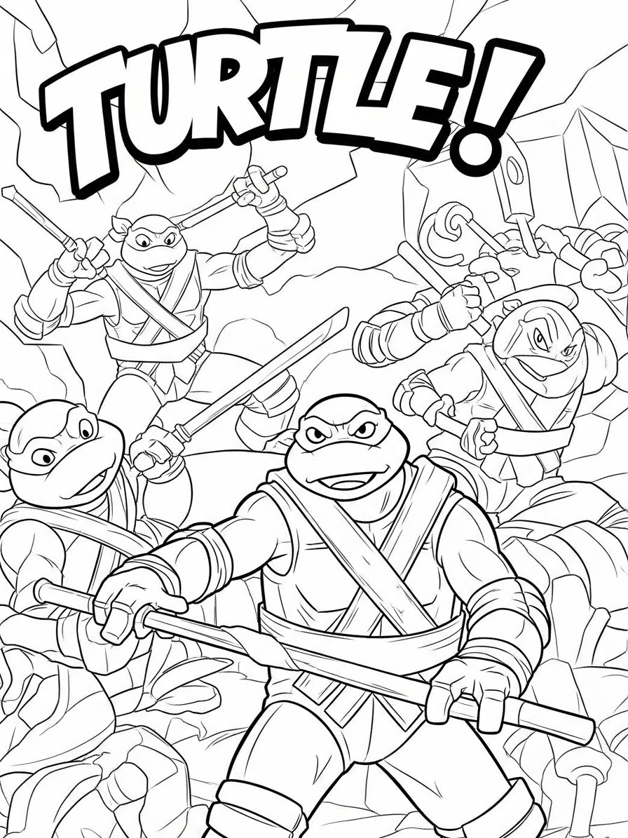 Desenho das Tartarugas Ninja prontos para a batalha para colorir