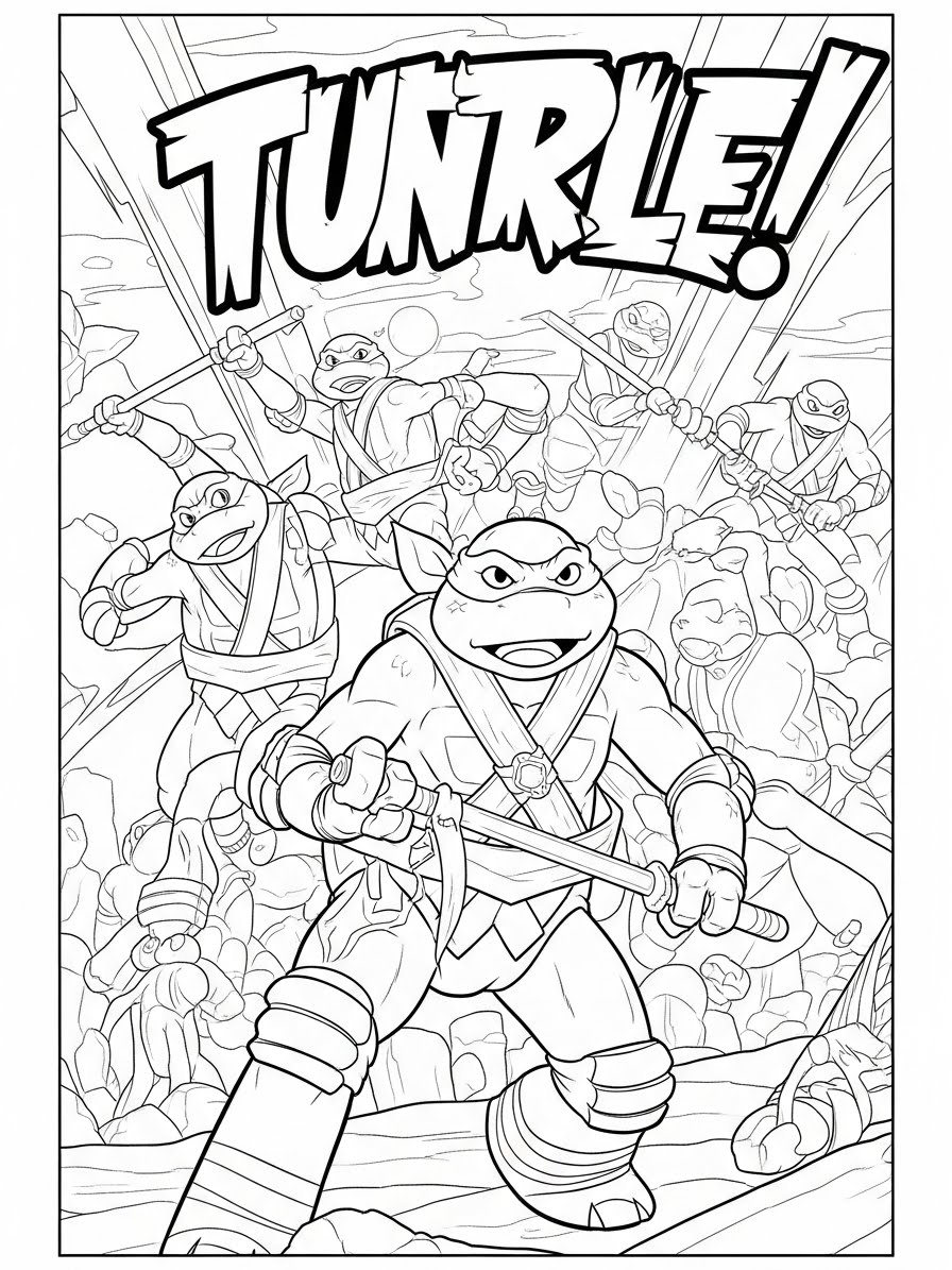 Desenho das Tartarugas Ninja em combate para colorir