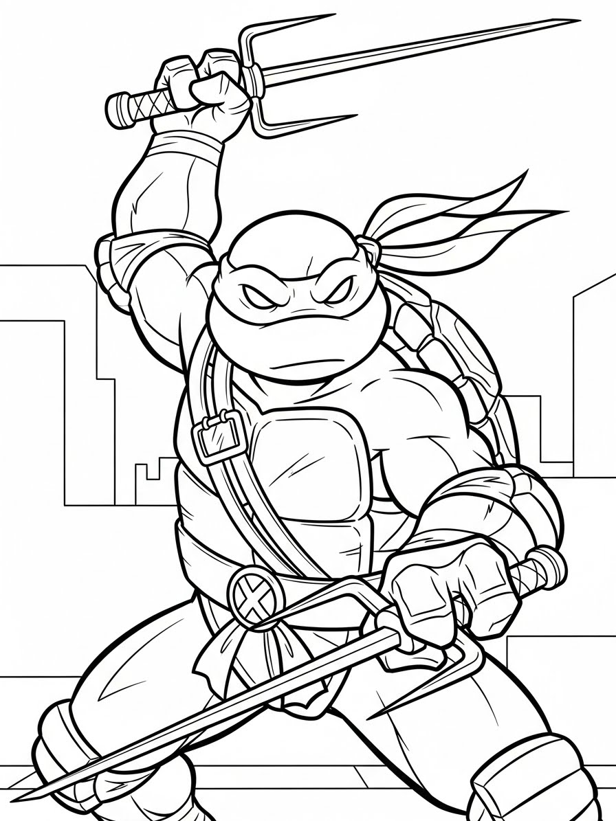 Desenho das Tartarugas Ninja Raphael segurando nunchaku para colorir