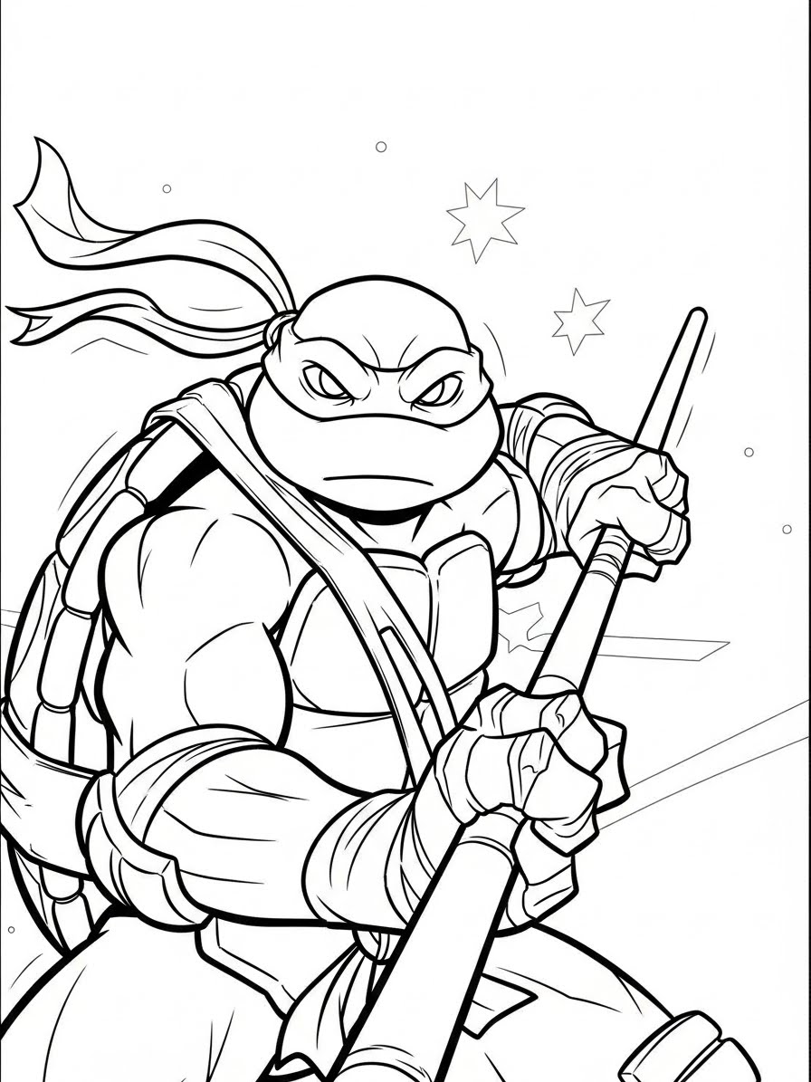 Desenho das Tartarugas Ninja Donatello segurando seu bastão para colorir