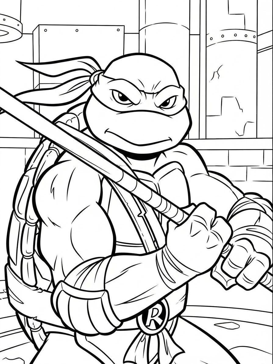 Desenho das Tartarugas Ninja Raphael segurando um bastão para colorir