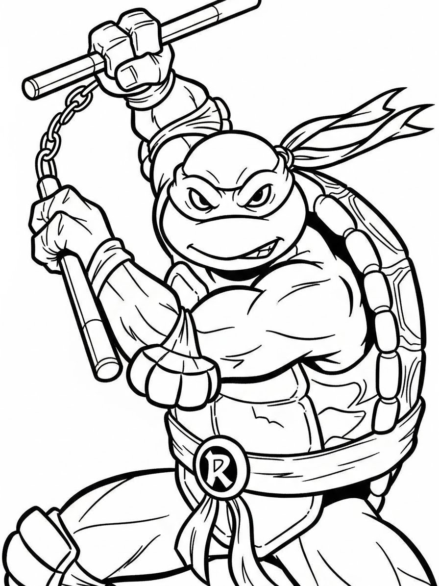 Desenho das Tartarugas Ninja Raphael com armas para colorir