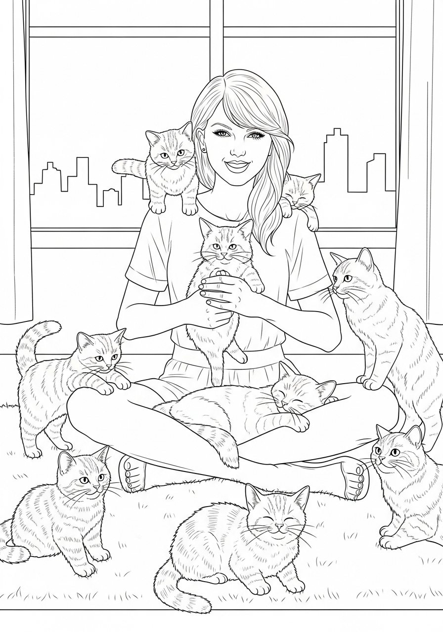 Desenho da Taylor Swift com gatinhos para colorir