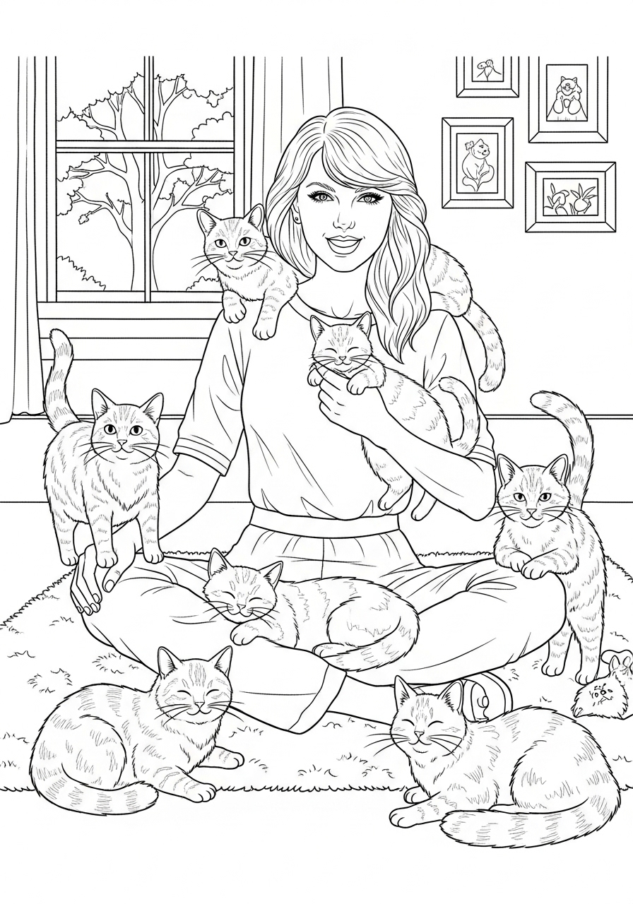 Desenho da Taylor Swift com gatinhos para colorir