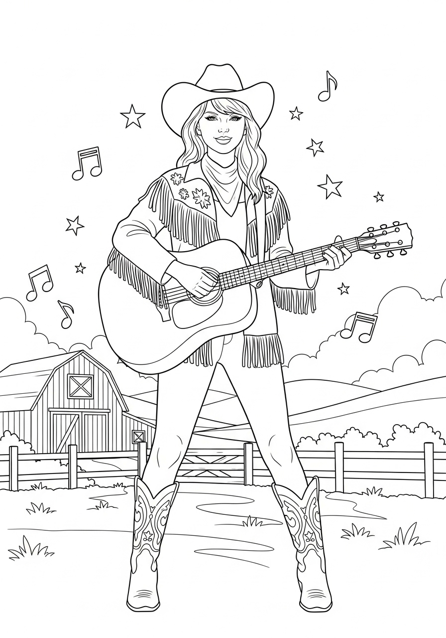 Desenho da Taylor Swift tocando violão em cenário country