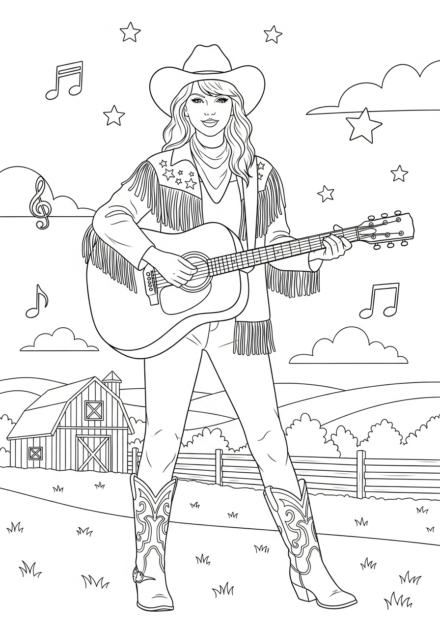 Desenho da Taylor Swift com guitarra e chapéu para colorir