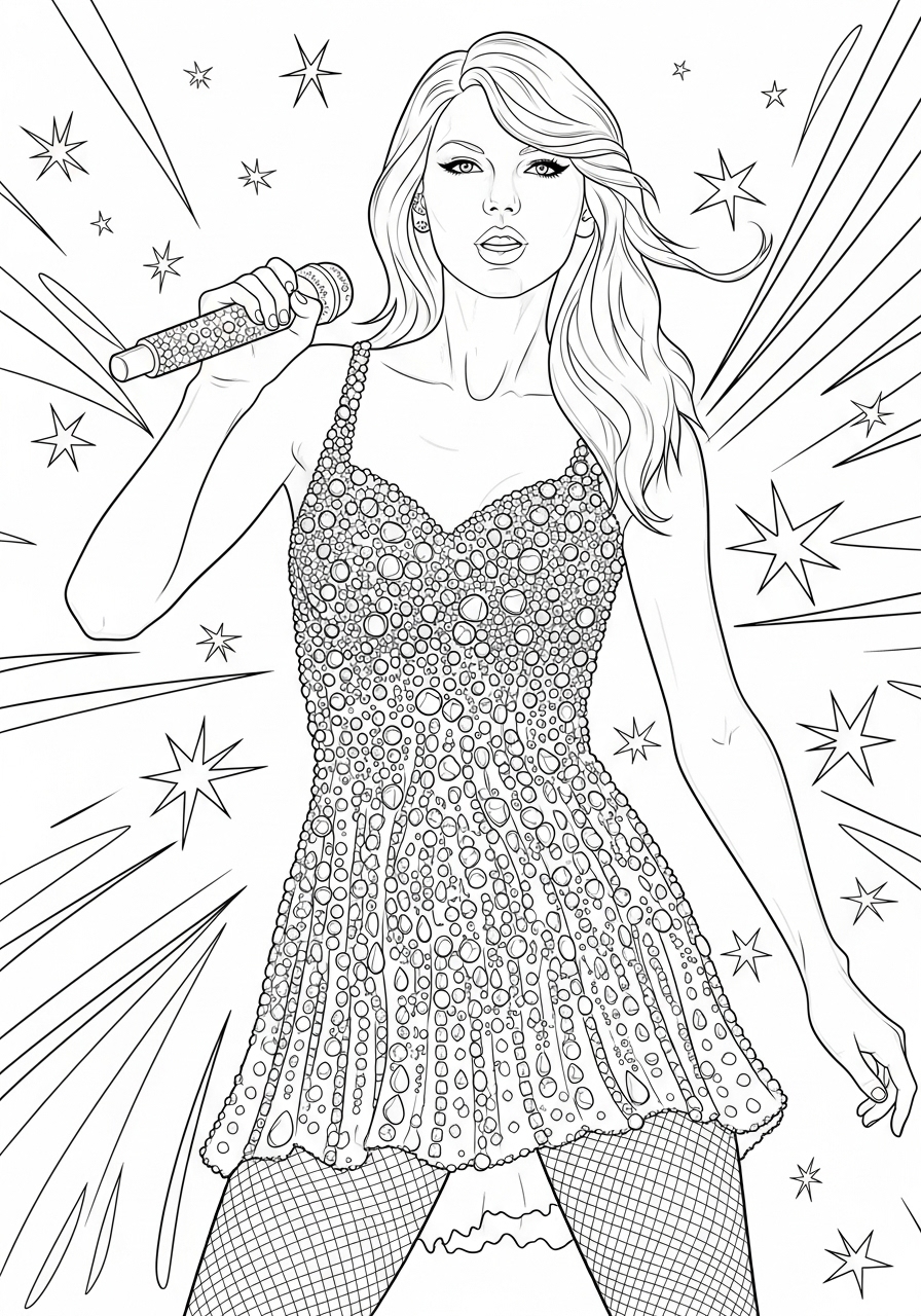 Desenho da Taylor Swift com microfone e fundo de estrelas