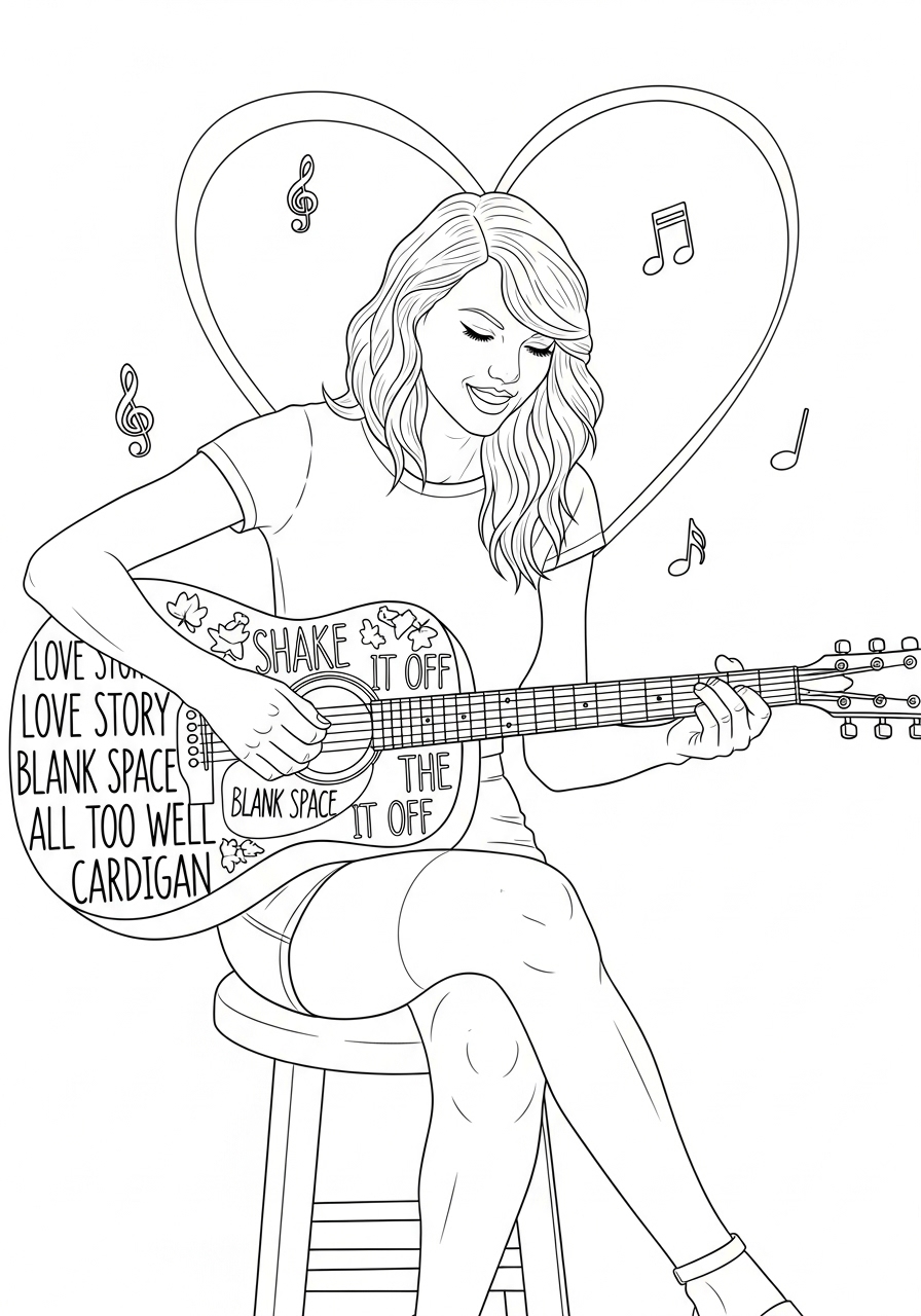 Desenho da Taylor Swift tocando guitarra para colorir