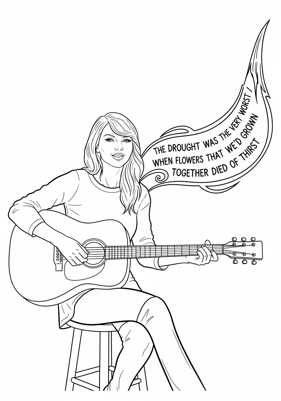 Desenho da Taylor Swift tocando violão para colorir