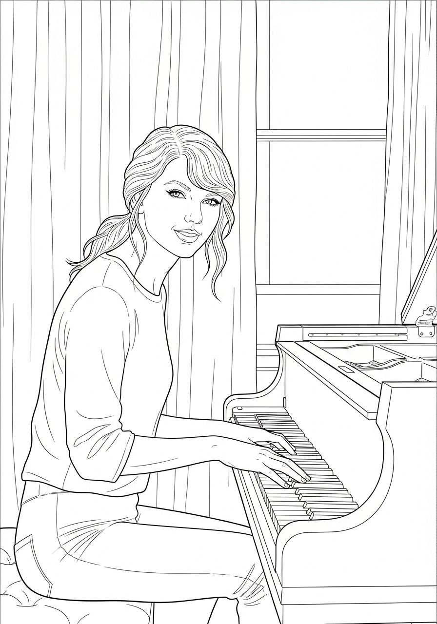 Desenho da Taylor Swift tocando piano para colorir