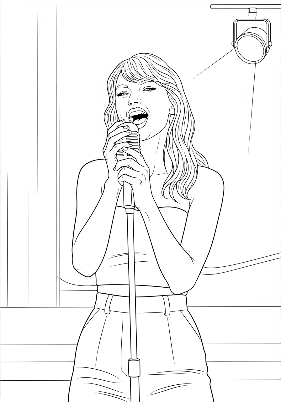 Desenho da Taylor Swift cantando com microfone para colorir