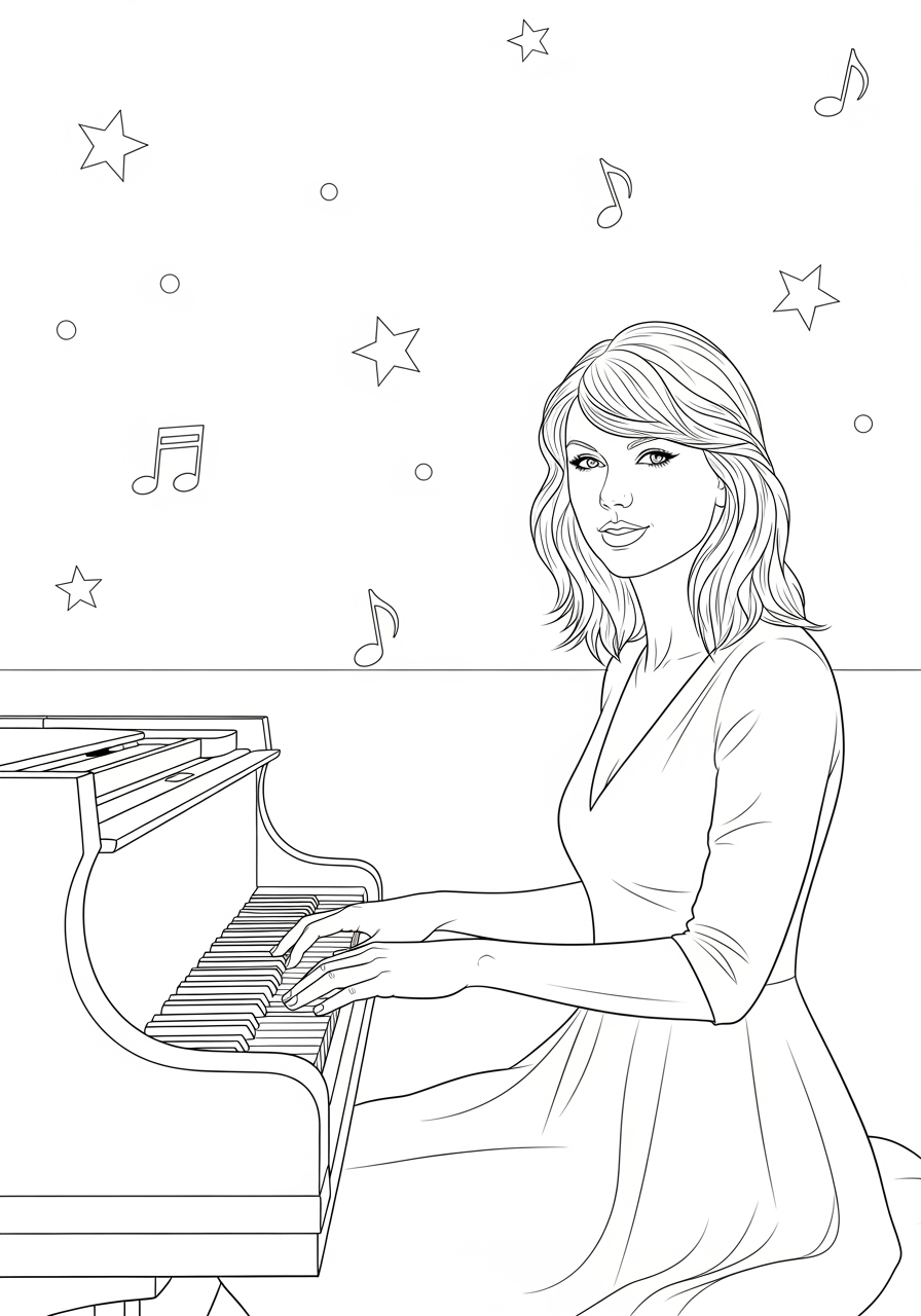 Desenho da Taylor Swift tocando piano em fundo musical