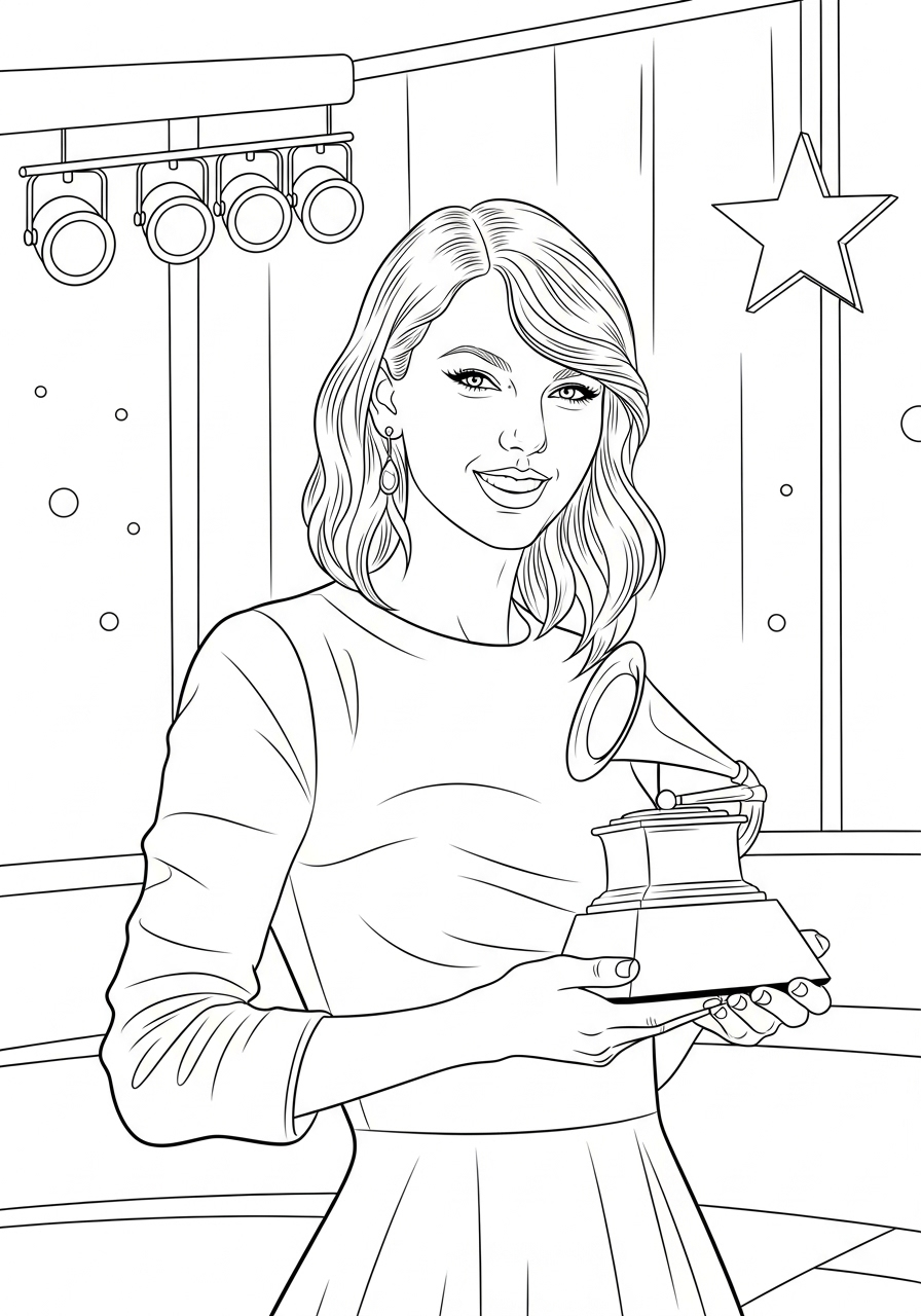 Desenho da Taylor Swift segurando um prêmio Grammy para colorir