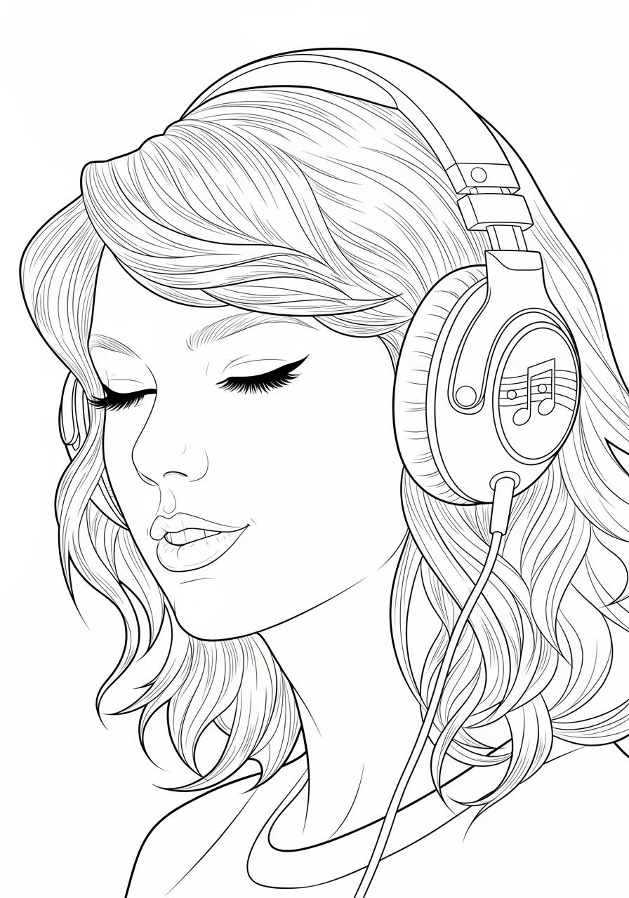Desenho da Taylor Swift usando fones de ouvido para colorir