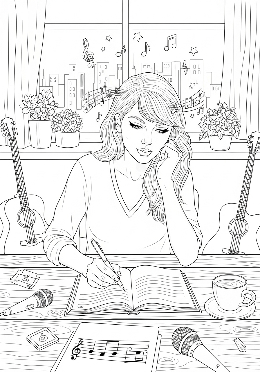 Desenho da Taylor Swift escrevendo canções para colorir