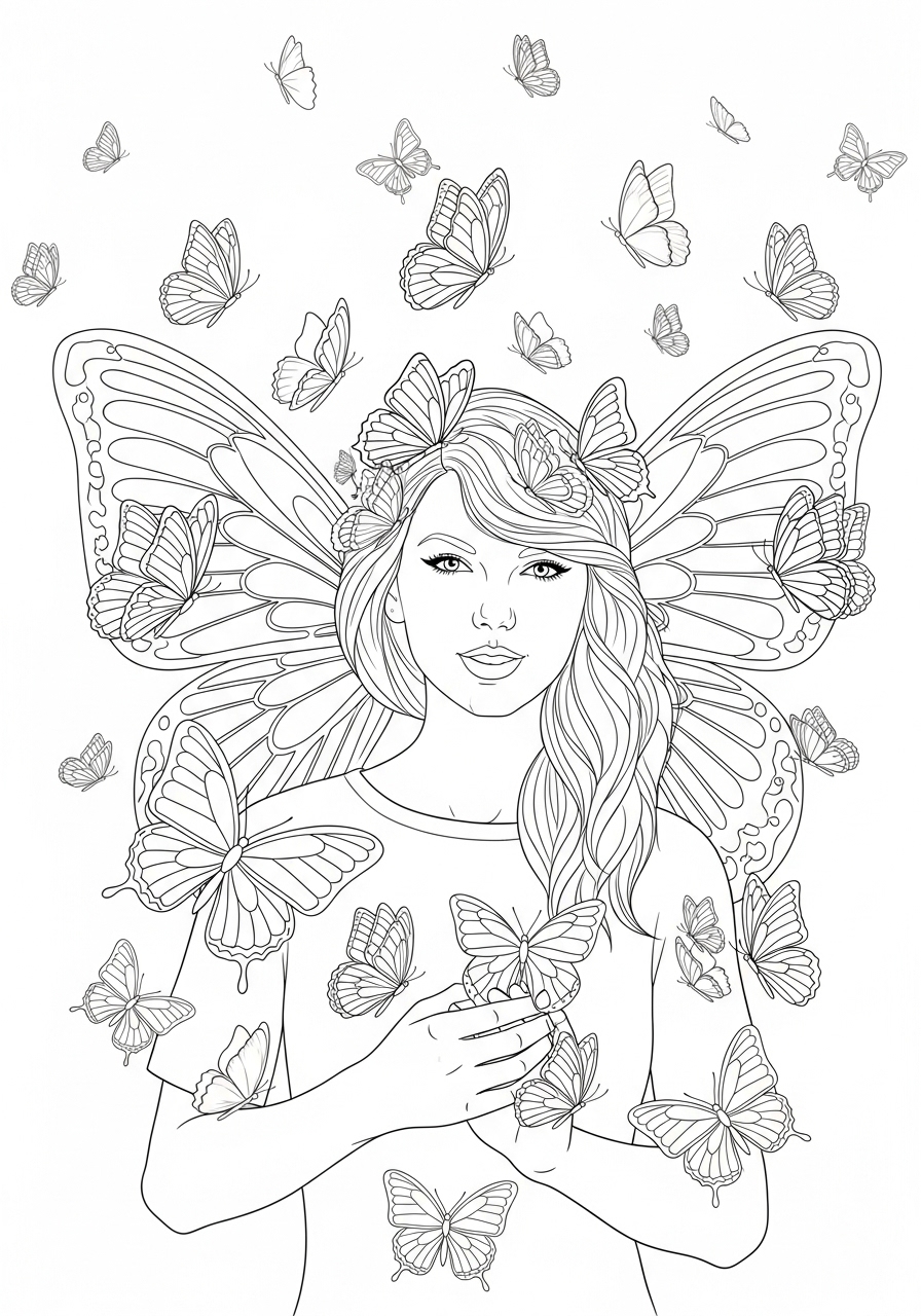 Desenho da Taylor Swift com asas de borboleta para colorir