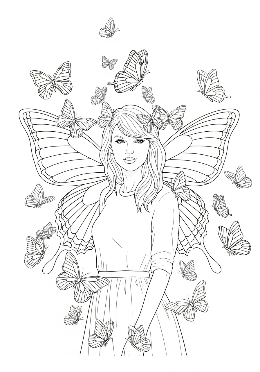 Desenho da Taylor Swift com borboletas para colorir